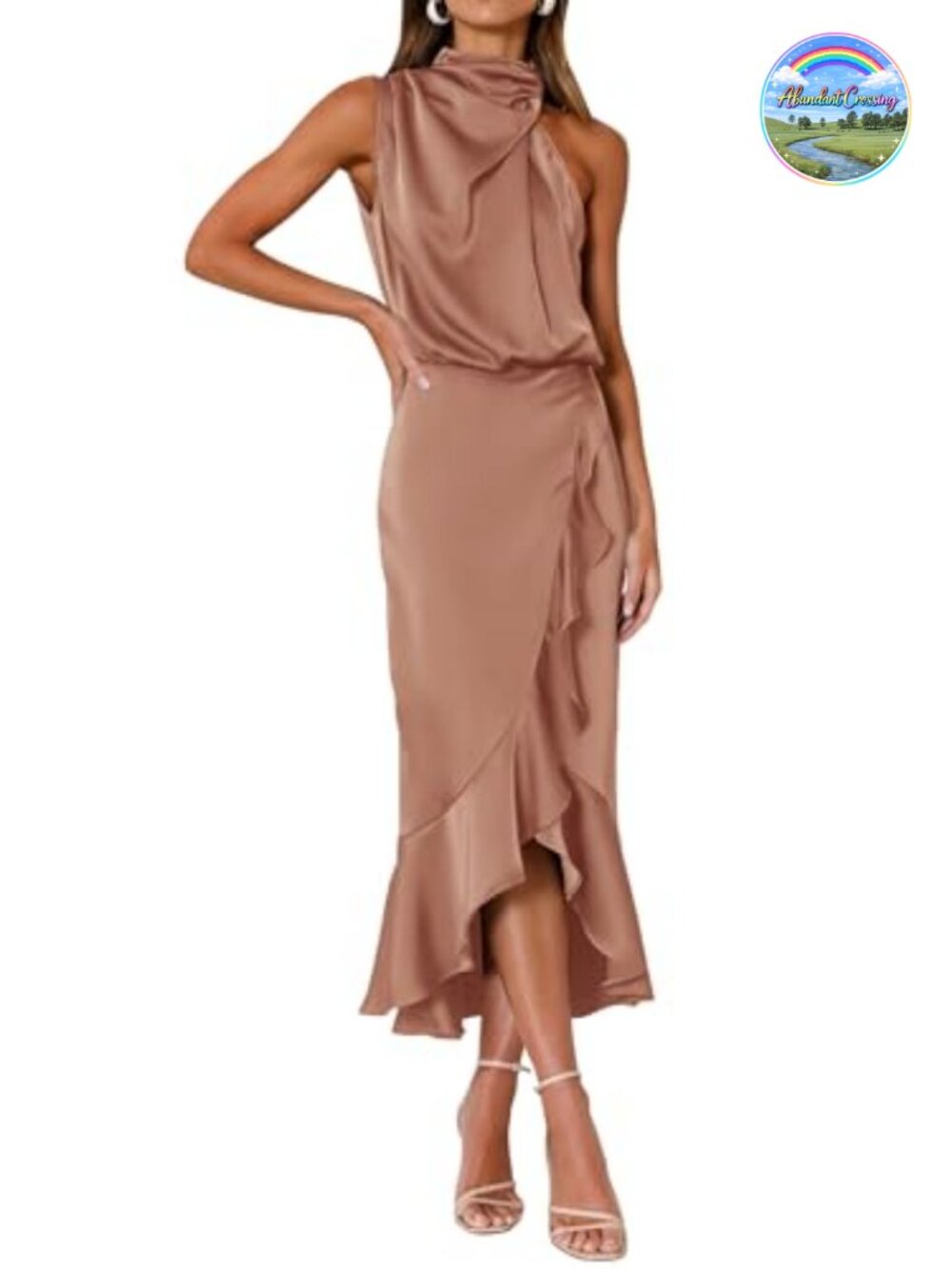 Women's Satin Mock Neck Sleeveless Wrap Midi Dress Formal Party